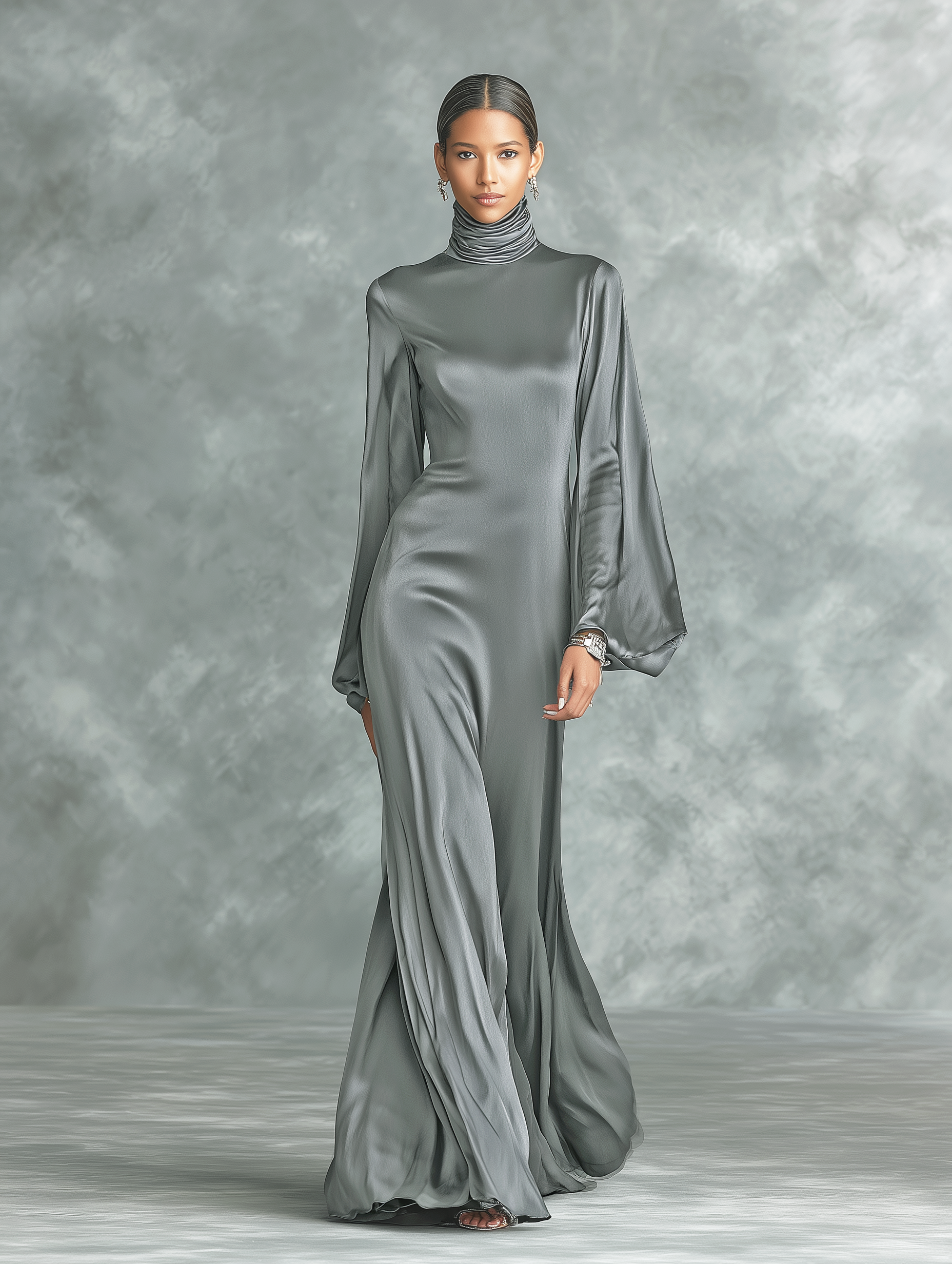 Trendé™ | Agata Satin-Maxikleid mit langen Ärmeln und lockerer Passform