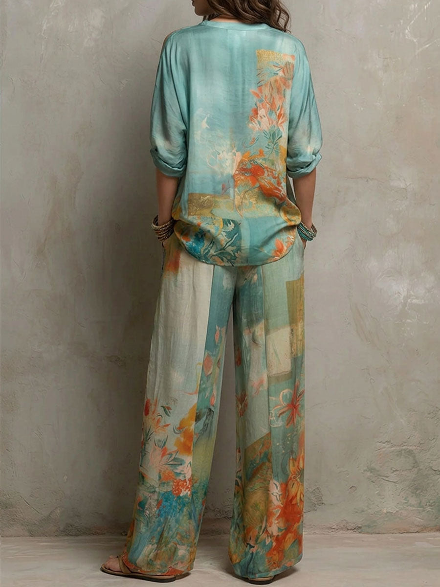 Trendé™ | Chiara Elegantes Set mit Blumenprint und Hose mit weitem Bein