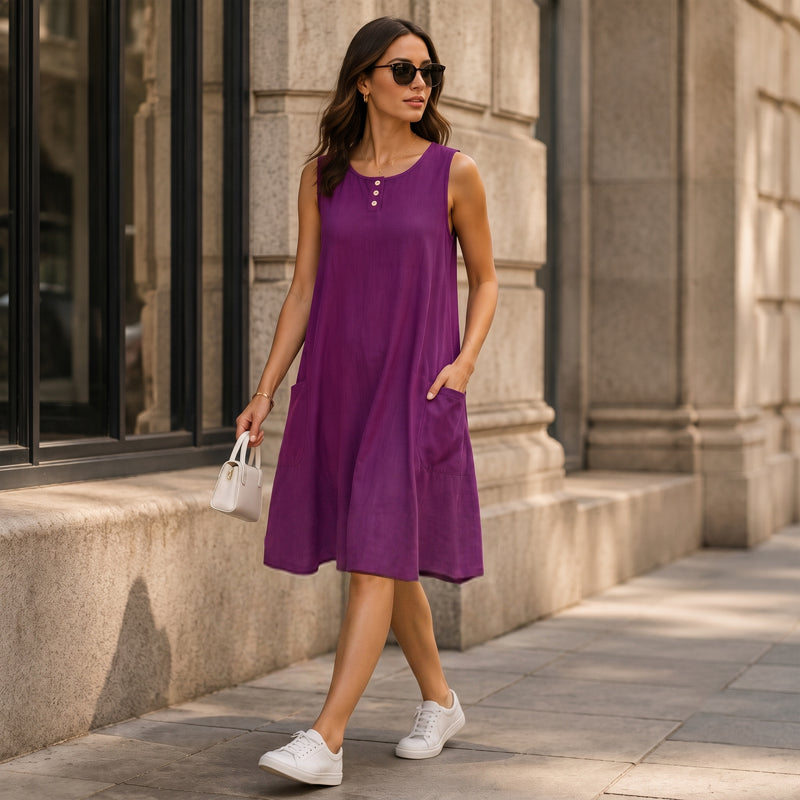 Trendé™ | Mara Ärmelloses Baumwoll-Leinen-Kleid mit Taschen