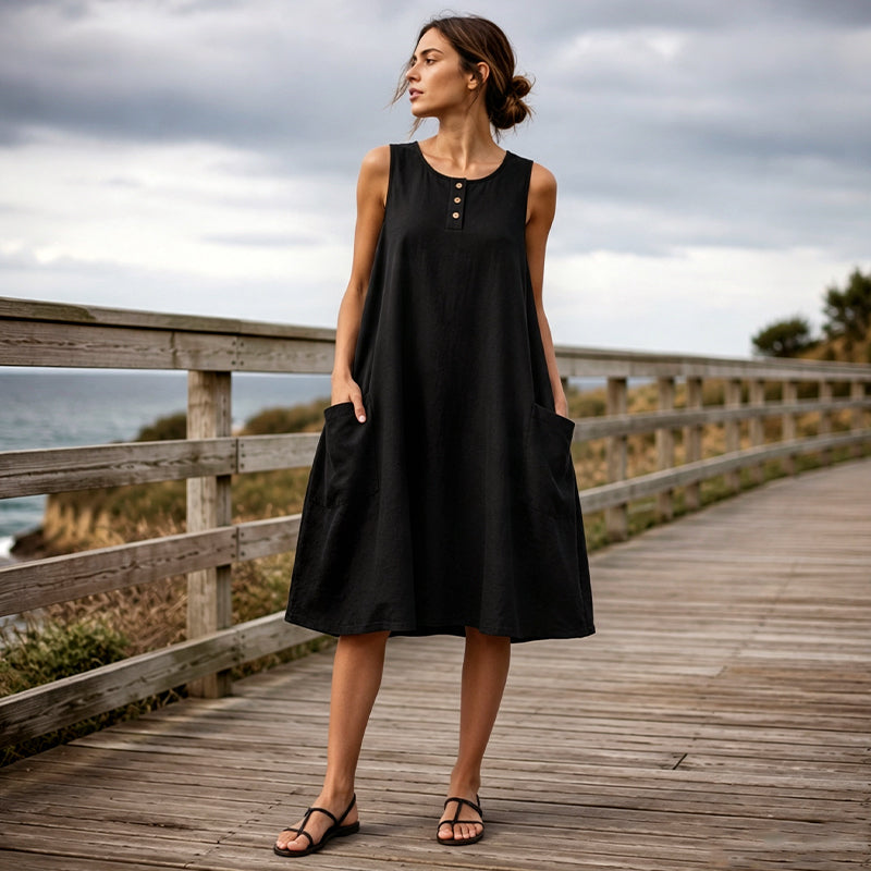 Trendé™ | Mara Ärmelloses Baumwoll-Leinen-Kleid mit Taschen