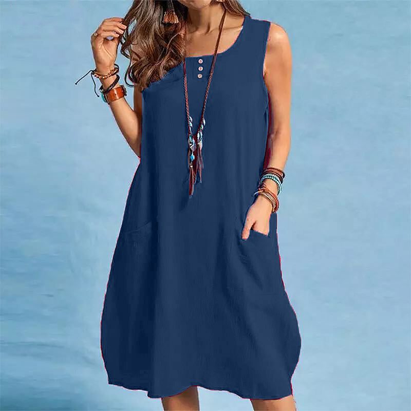 Trendé™ | Mara Ärmelloses Baumwoll-Leinen-Kleid mit Taschen
