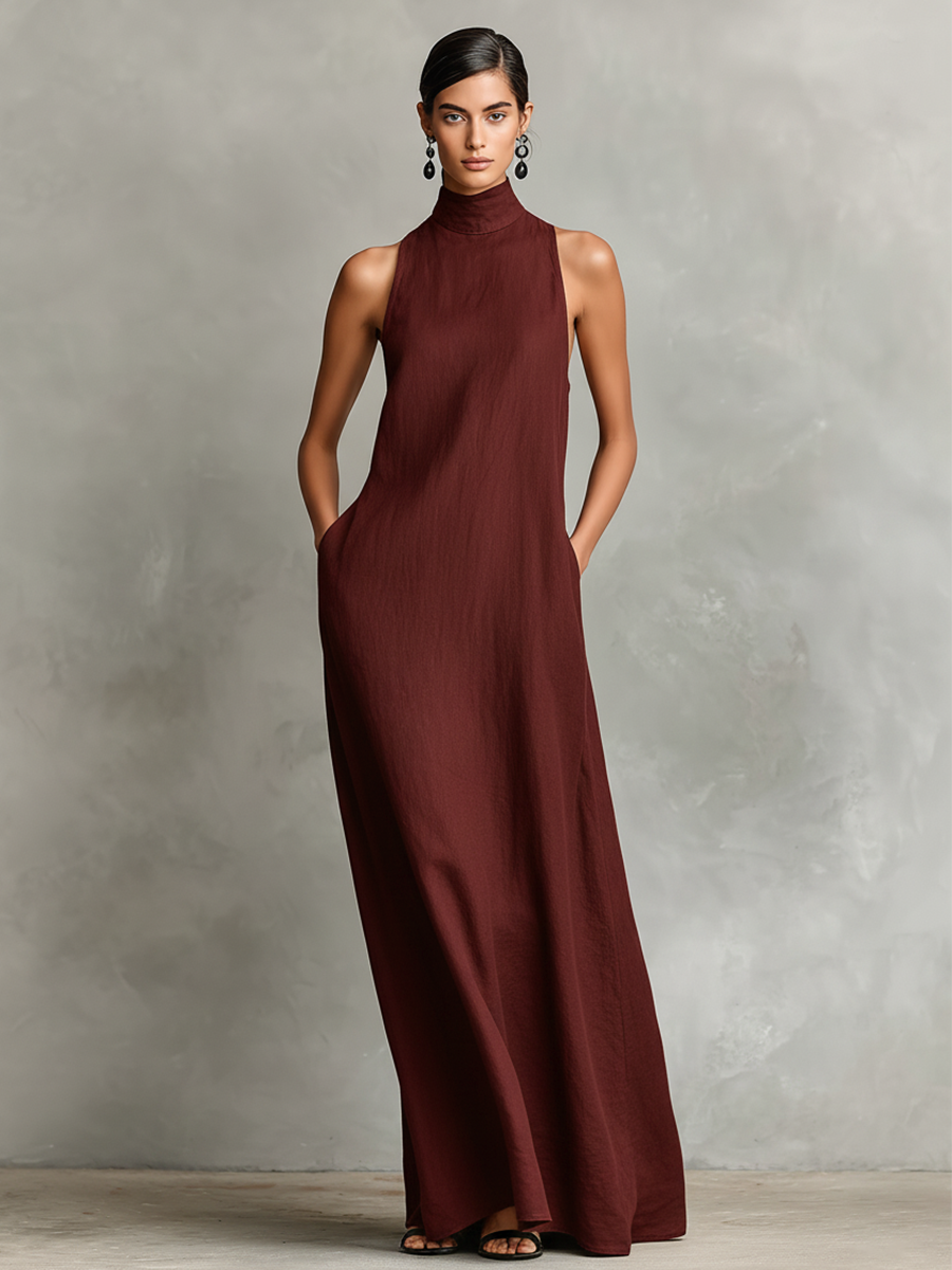 Trendé™ | Daria Leinenmix-Maxikleid mit hohem Kragen und Taschen