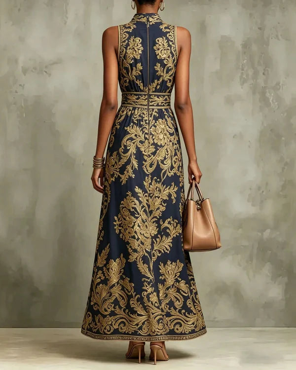 CORNELIA | Langes Glamour-Kleid mit goldenem Barockmuster