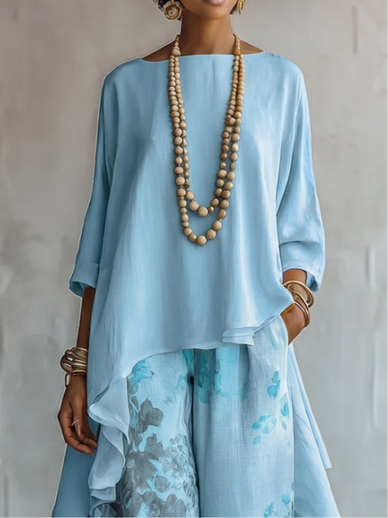 Asymmetrisches Oberteil und Hose mit weitem Bein im Blumenmuster – Set