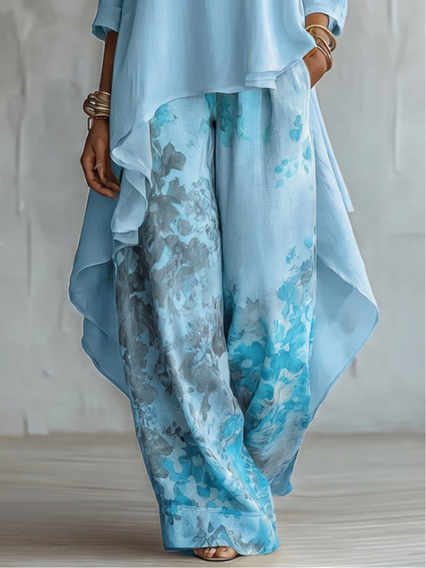 Asymmetrisches Oberteil und Hose mit weitem Bein im Blumenmuster – Set