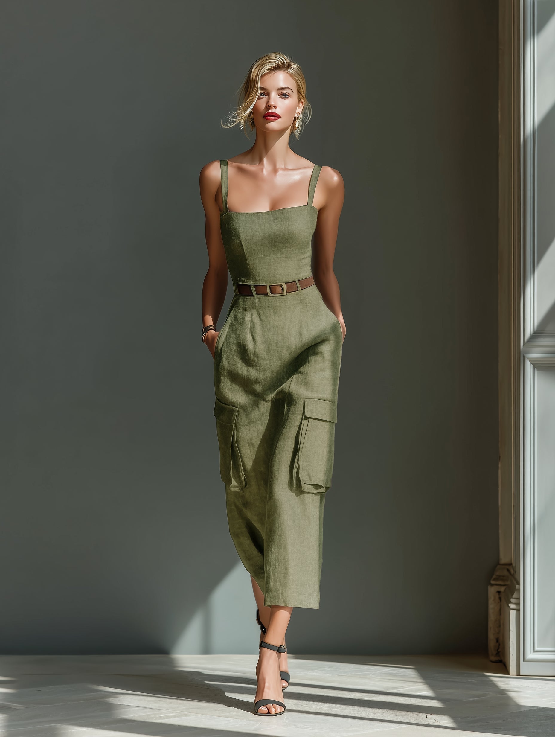 Trendé™ | Olive Utility-Midikleid aus Leinen-Mix mit Gürtel
