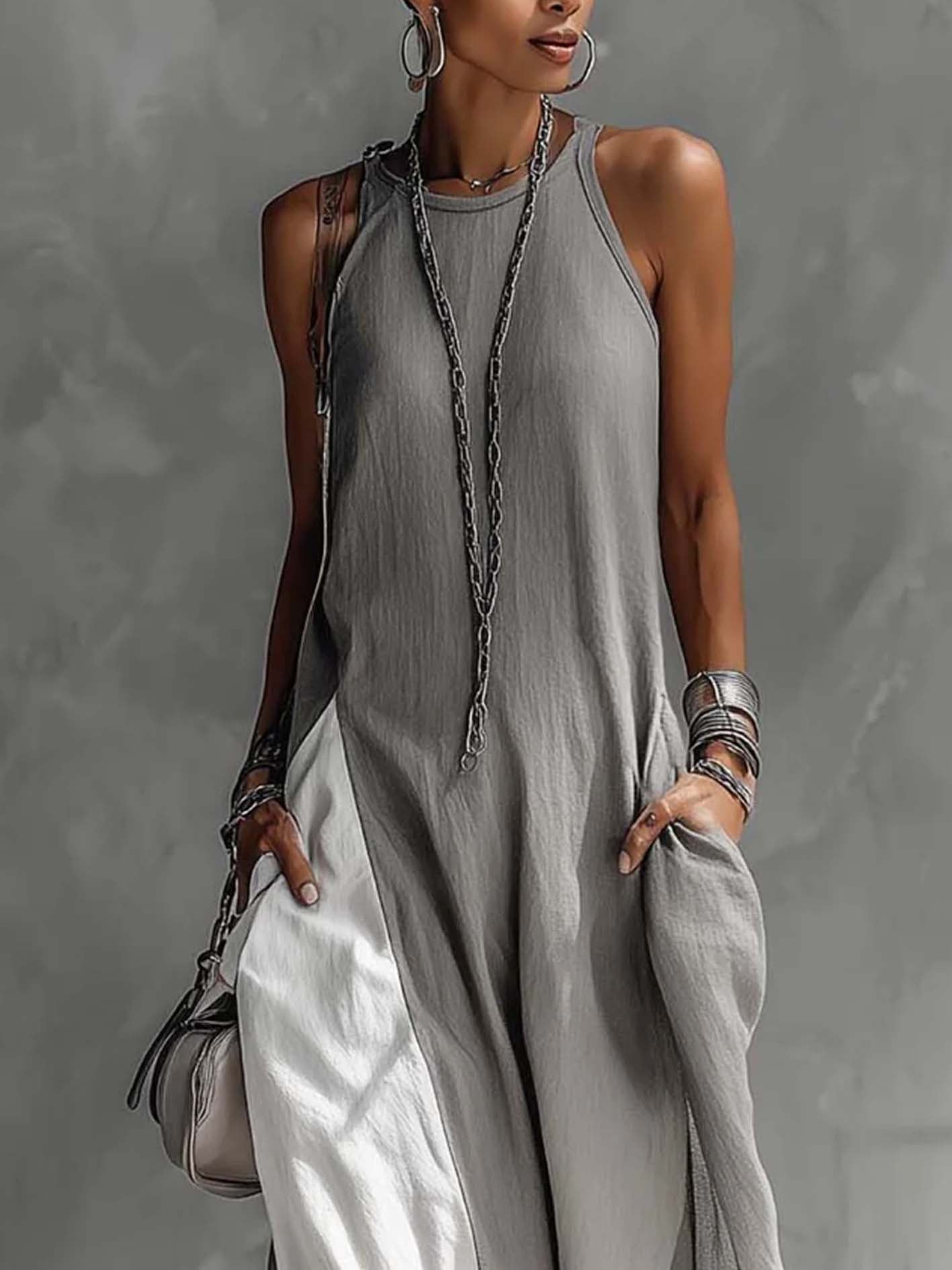 Trendé™ | Livia Farbblock-Maxikleid aus Baumwoll-Leinen-Mix