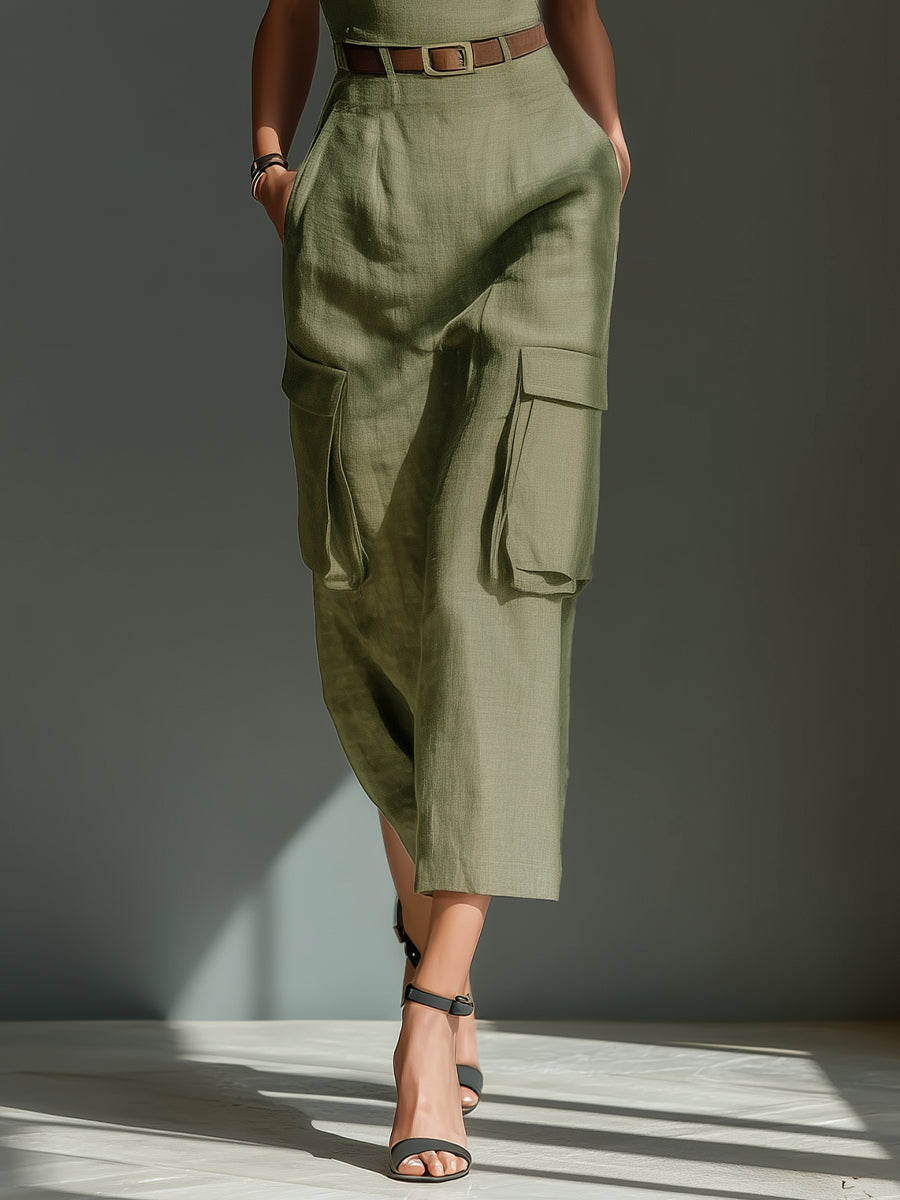 Trendé™ | Olive Utility-Midikleid aus Leinen-Mix mit Gürtel