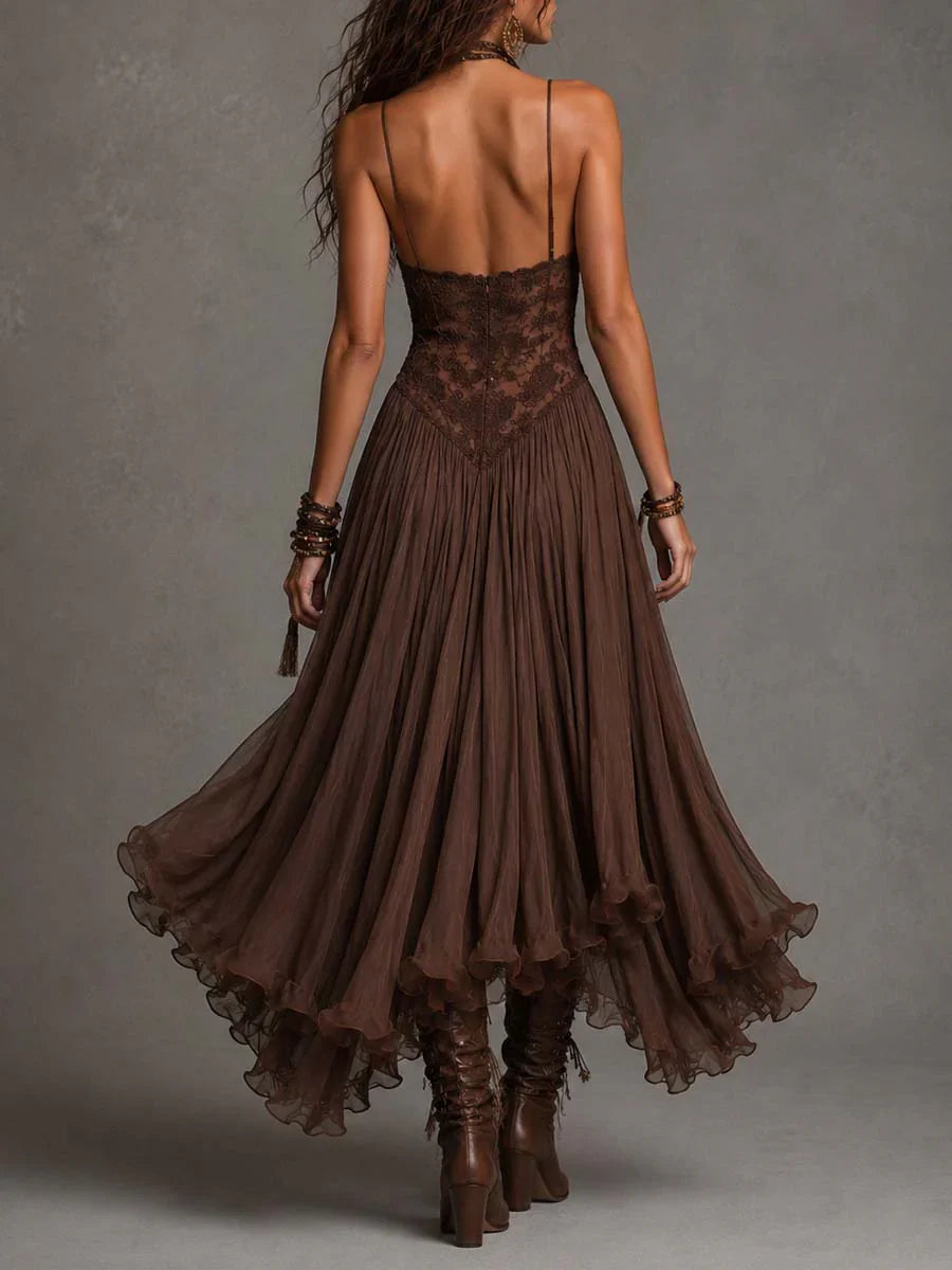 Dunkelbraunes Chiffon-Maxikleid mit Spitzeneinsätzen