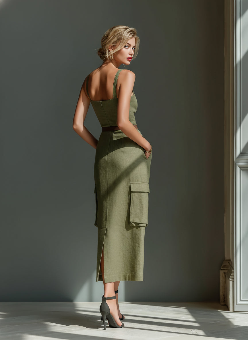 Trendé™ | Olive Utility-Midikleid aus Leinen-Mix mit Gürtel