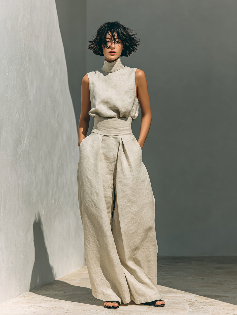 Trendé™ | Set aus ärmelloser Bluse und Hose mit weitem Bein aus einer Baumwoll- und Leinenmischung