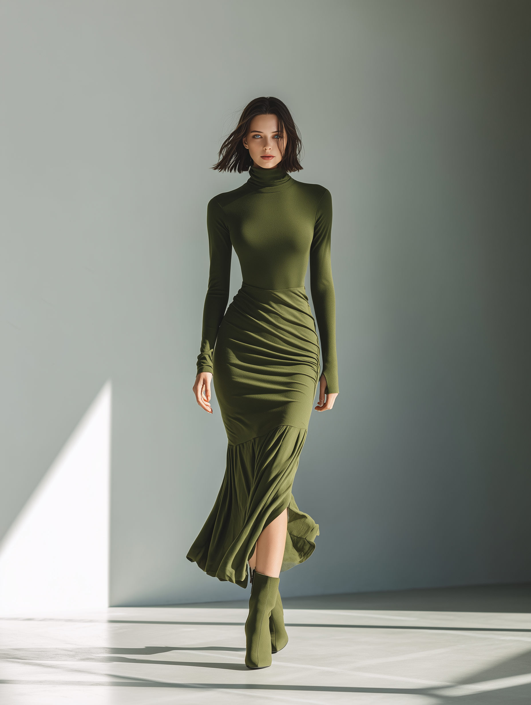Trendé™ | Vivienne Strick-Maxikleid mit hohem Kragen und Plisseefalten