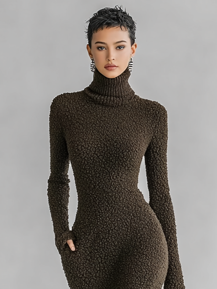 Trendé™ | Nives Strick-Midikleid mit hohem Kragen und Schlitz