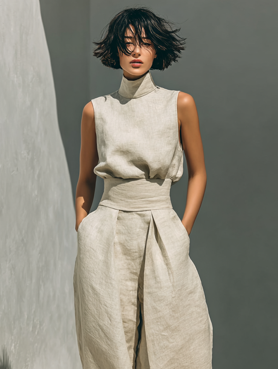Trendé™ | Set aus ärmelloser Bluse und Hose mit weitem Bein aus einer Baumwoll- und Leinenmischung