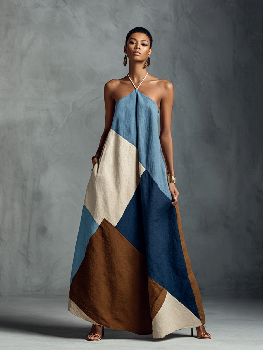 Trendé™ | Zelina Baumwoll-Leinen-Maxikleid mit Neckholder-Ausschnitt und Boho-Charme