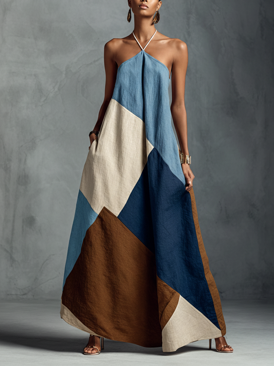 Trendé™ | Zelina Baumwoll-Leinen-Maxikleid mit Neckholder-Ausschnitt und Boho-Charme
