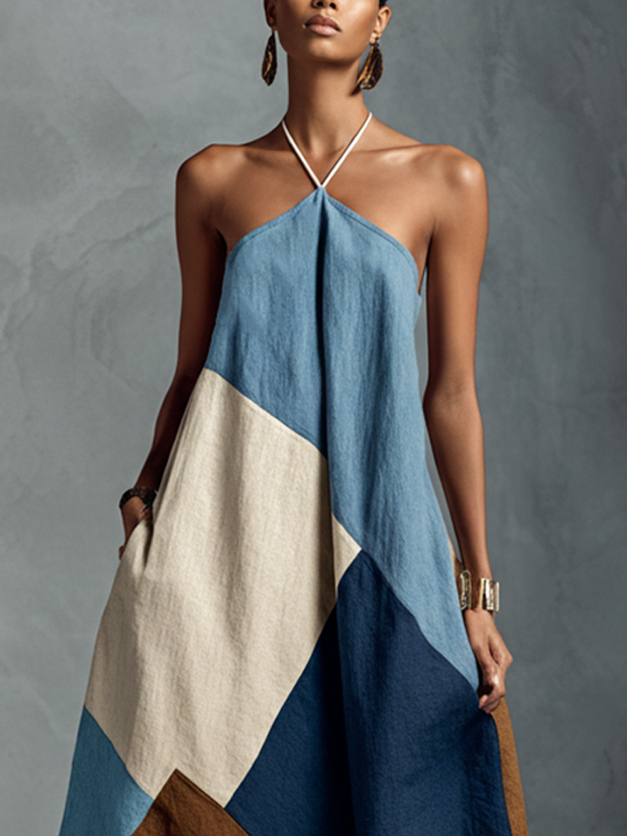 Trendé™ | Zelina Baumwoll-Leinen-Maxikleid mit Neckholder-Ausschnitt und Boho-Charme