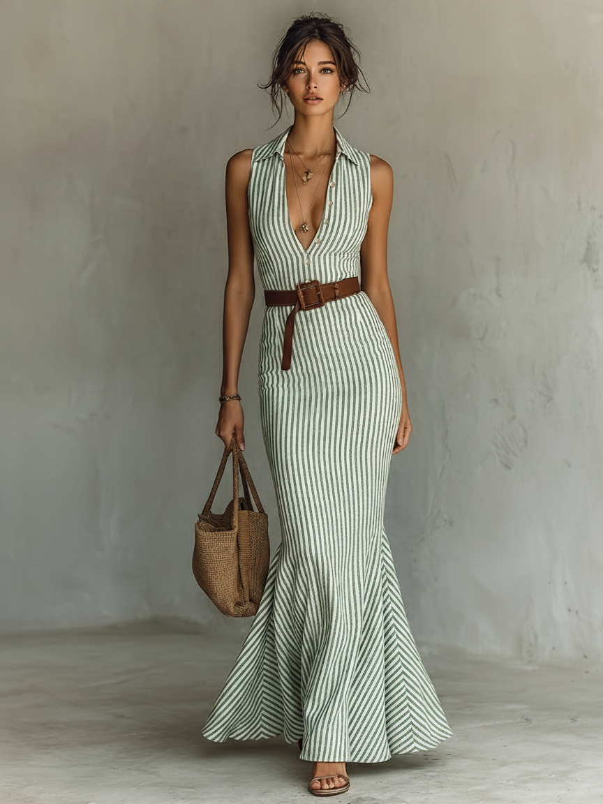 Trendé™ | Katalina Leinenmix-Bodycon-Kleid mit ärmellosem Schnitt und Streifenmuster