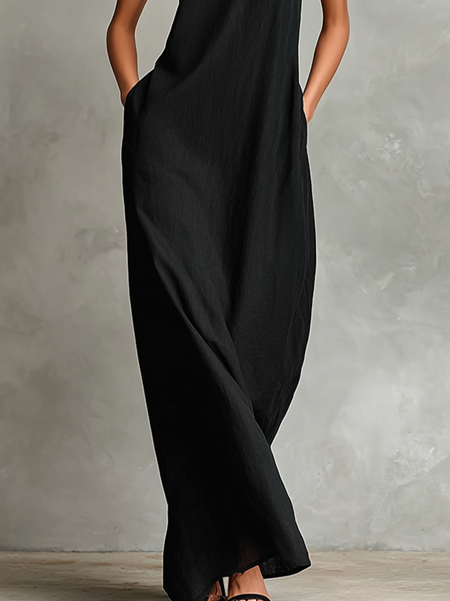Trendé™ | Daria Leinenmix-Maxikleid mit hohem Kragen und Taschen