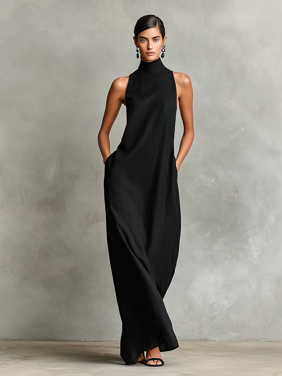 Trendé™ | Daria Leinenmix-Maxikleid mit hohem Kragen und Taschen