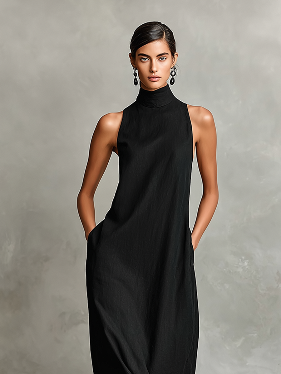 Trendé™ | Daria Leinenmix-Maxikleid mit hohem Kragen und Taschen