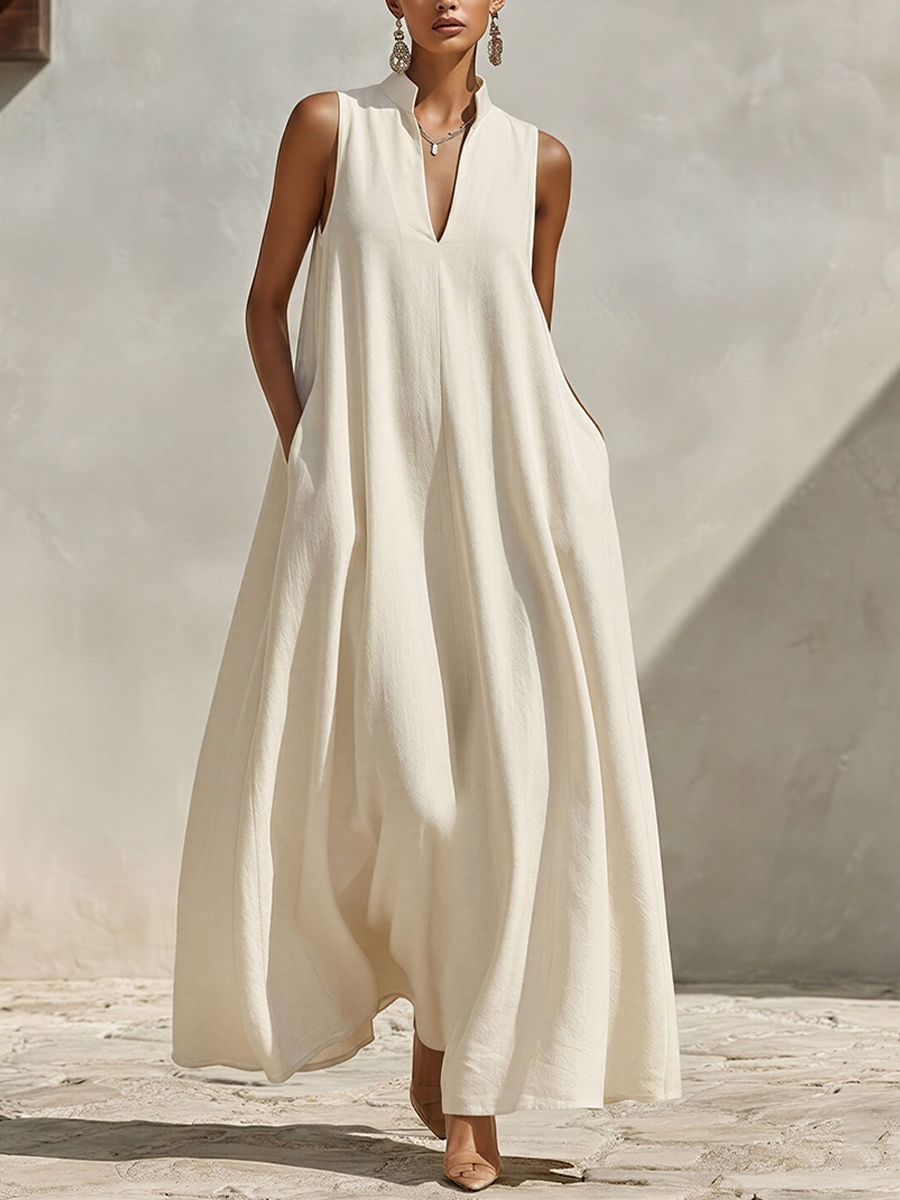 Trendé™ | Maribel Leinenmix-Maxikleid mit V-Ausschnitt und Stehkragen