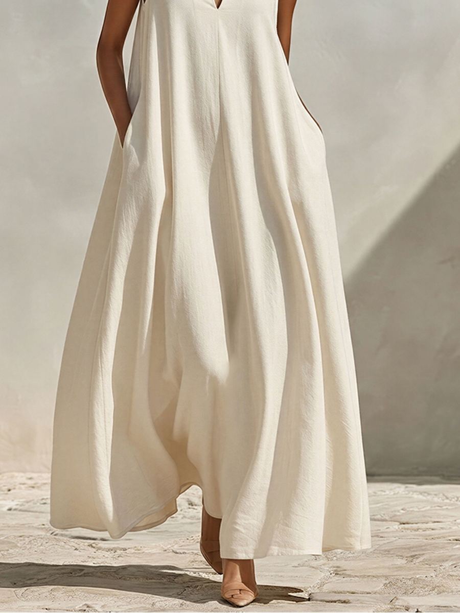Trendé™ | Maribel Leinenmix-Maxikleid mit V-Ausschnitt und Stehkragen
