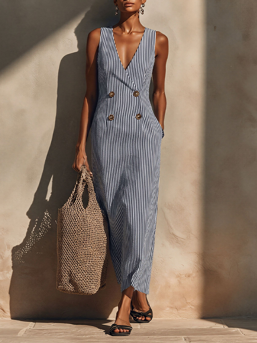 Trendé™ | Priscilla Baumwollmix-Maxikleid mit Streifenmuster und doppelreihiger Knopfleiste