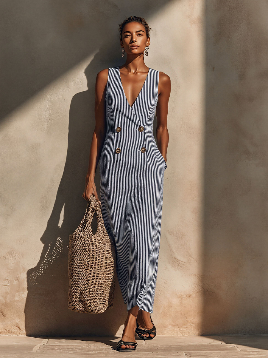 Trendé™ | Priscilla Baumwollmix-Maxikleid mit Streifenmuster und doppelreihiger Knopfleiste