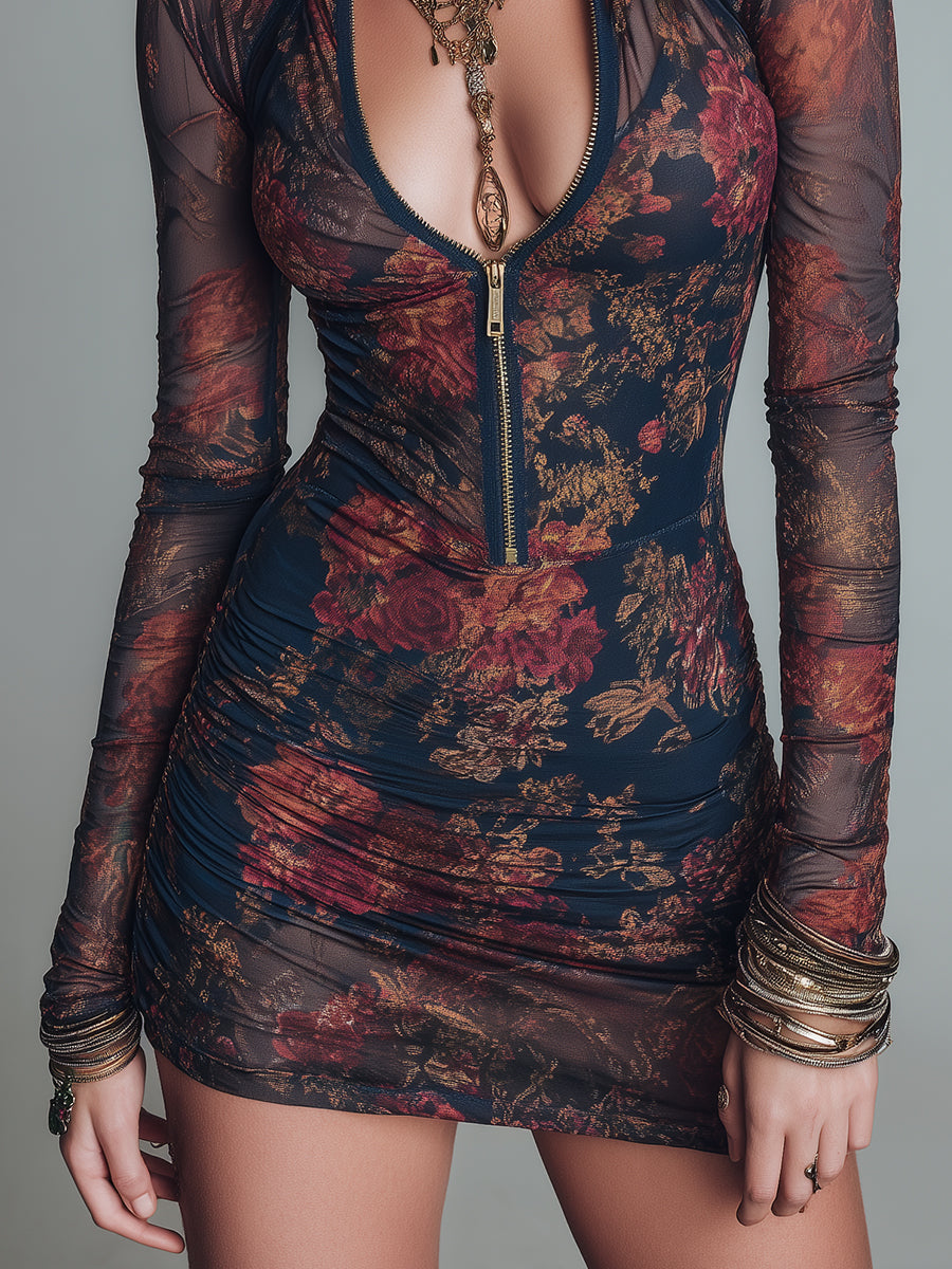 Trendé™ | Nora Mesh-Minikleid mit Blumenprint und Frontzip