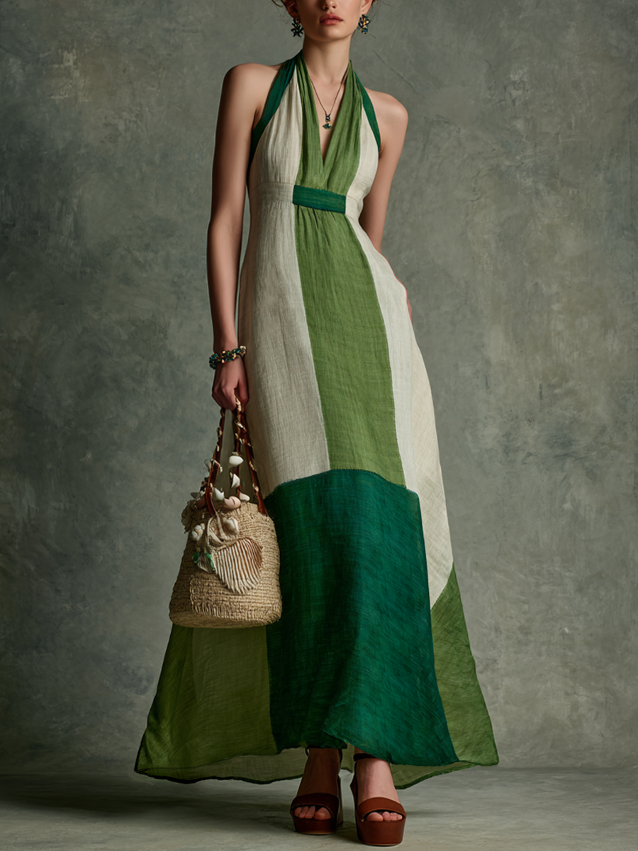 Trendé™ | Thalia Leinenmix-Maxikleid mit Neckholder-Ausschnitt und V-Ausschnitt