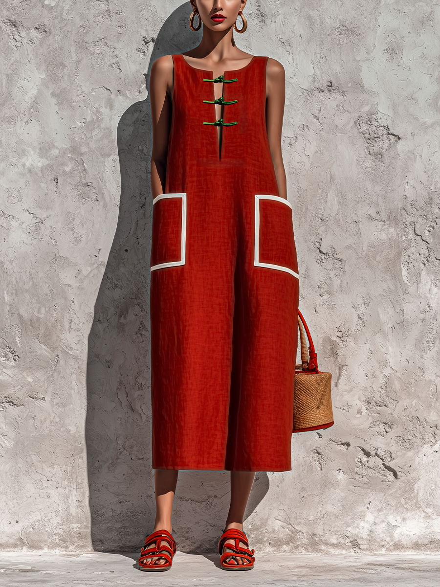 Trendé™ | Briana Baumwoll-Leinen-Midikleid mit ärmellosem Schnitt und Taschen