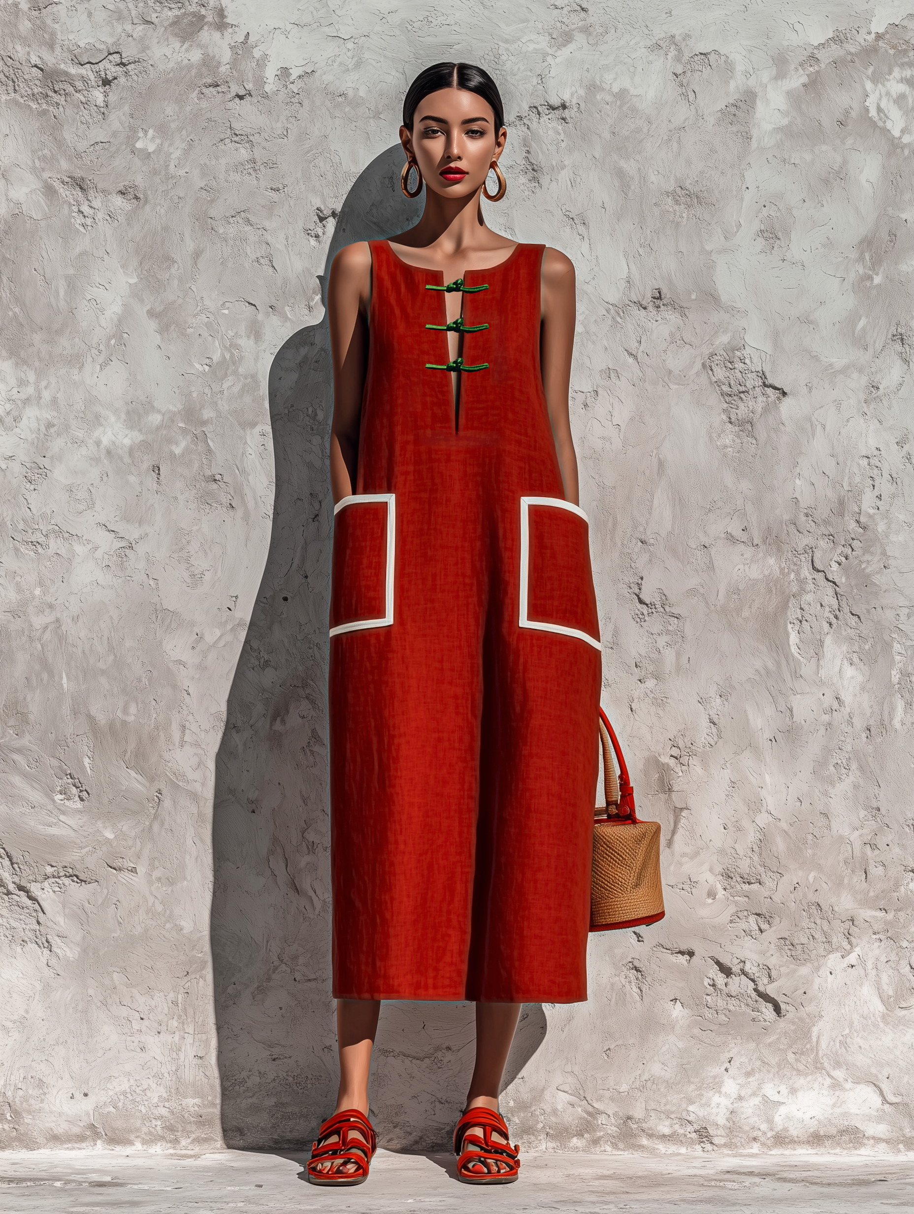 Trendé™ | Briana Baumwoll-Leinen-Midikleid mit ärmellosem Schnitt und Taschen