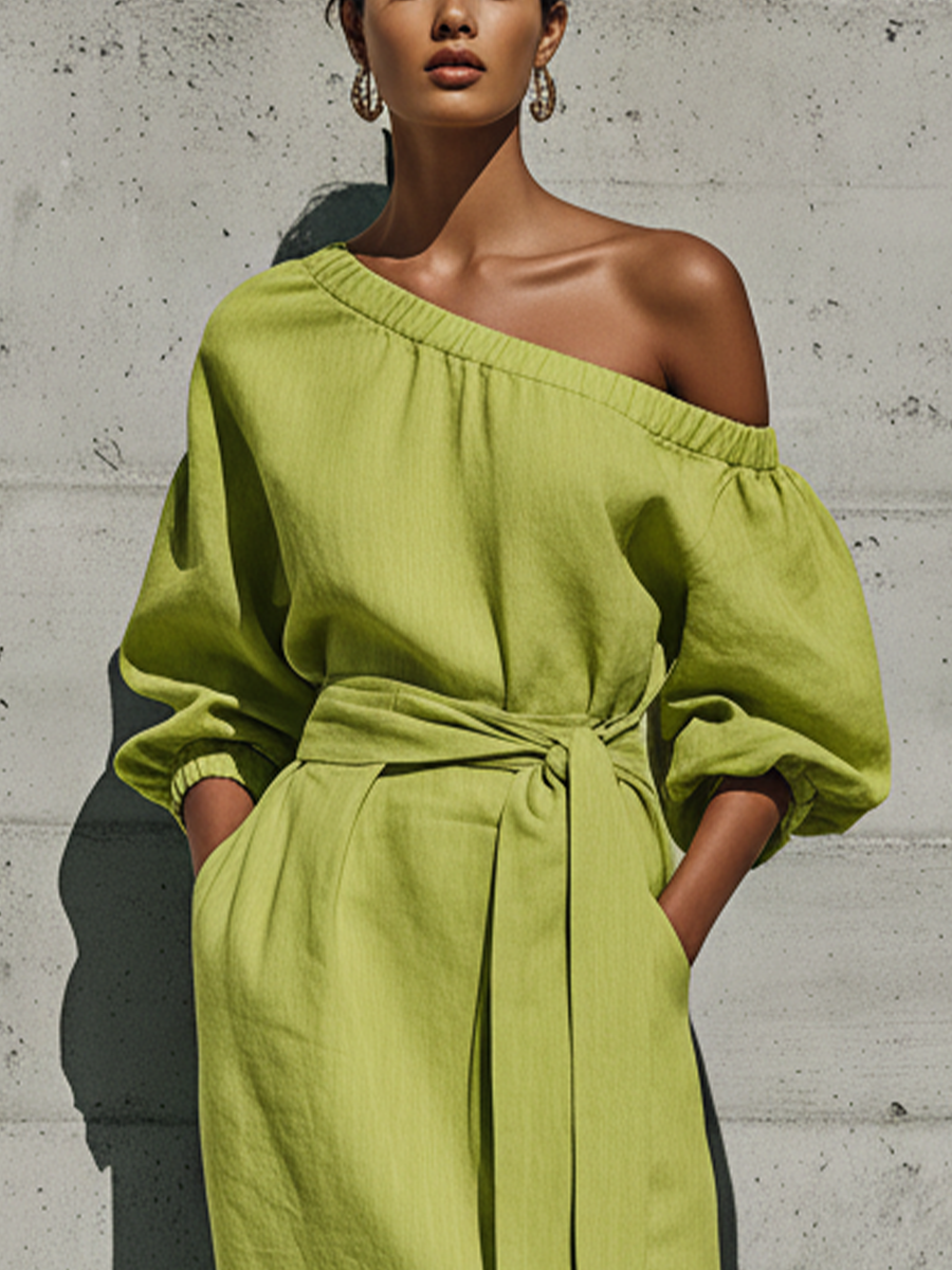 Trendé™ | Desiree Leinenmix-Midikleid mit Off-Shoulder-Schnitt und Puffärmeln