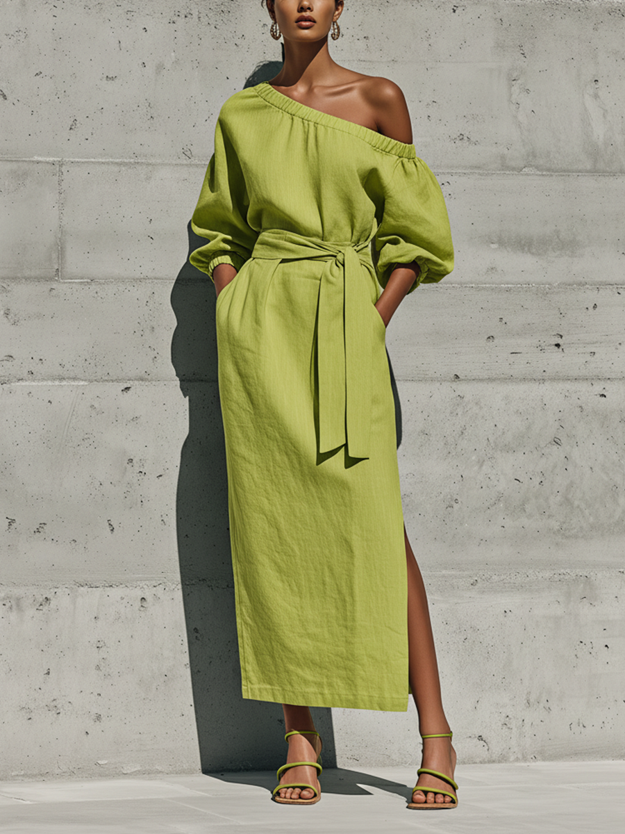 Trendé™ | Desiree Leinenmix-Midikleid mit Off-Shoulder-Schnitt und Puffärmeln