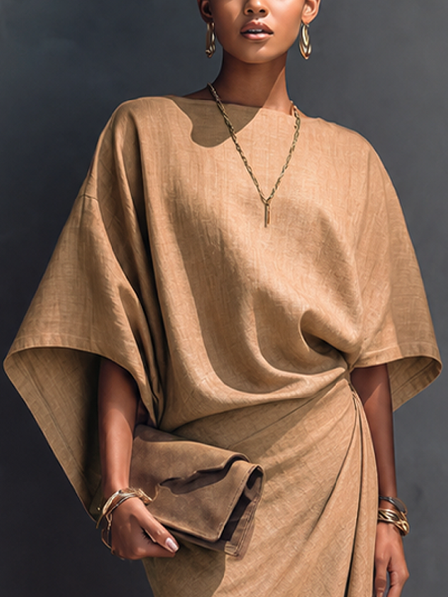 Trendé™ | Bianca Leinenmix-Midikleid mit kurzen Ärmeln und asymmetrischem Schnitt