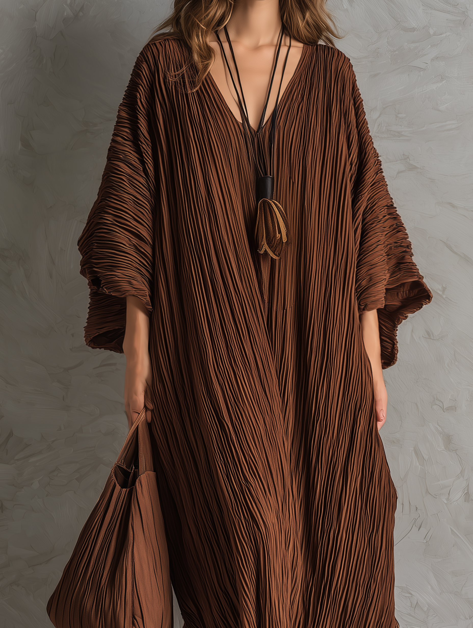 Trendé™ | Paulina Webstoff-Maxikleid mit V-Ausschnitt und Plisseefalten