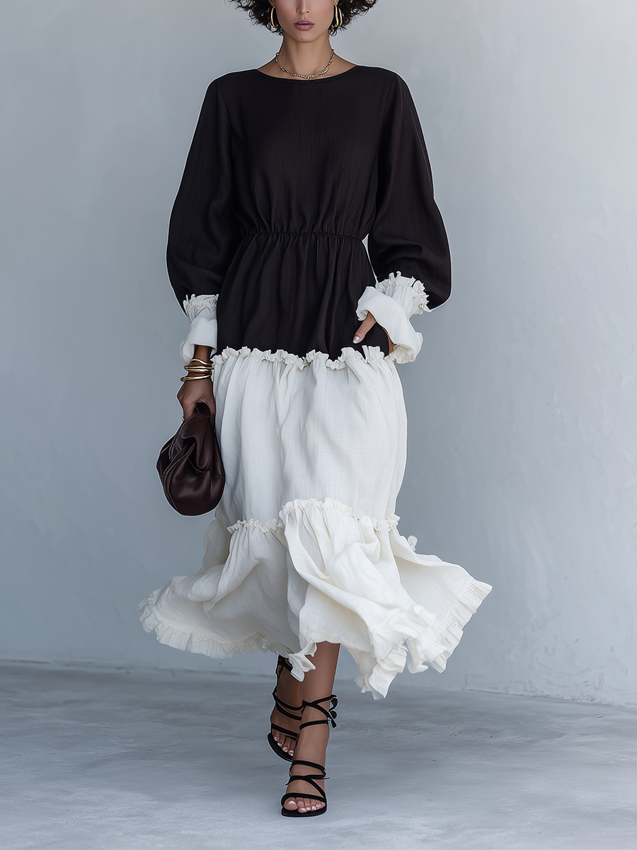 Trendé™ | Victoria Baumwoll-Leinen-Maxikleid mit Volants und Colorblock-Design