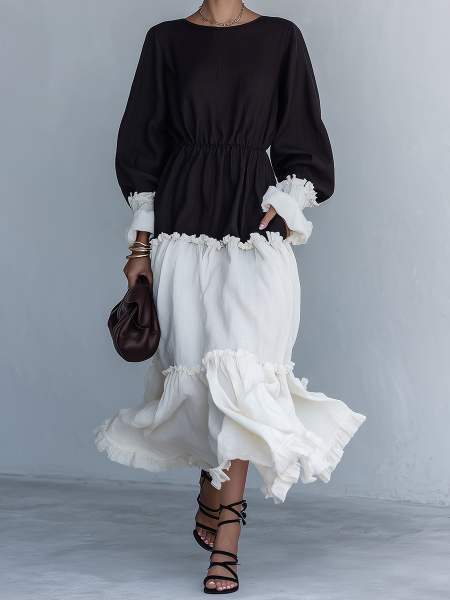 Trendé™ | Victoria Baumwoll-Leinen-Maxikleid mit Volants und Colorblock-Design