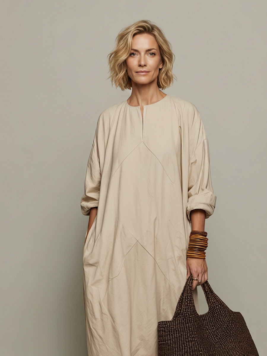 Trendé™ | Celestina Baumwoll-Kaftankleid mit Rundhalsausschnitt und lockerer Passform
