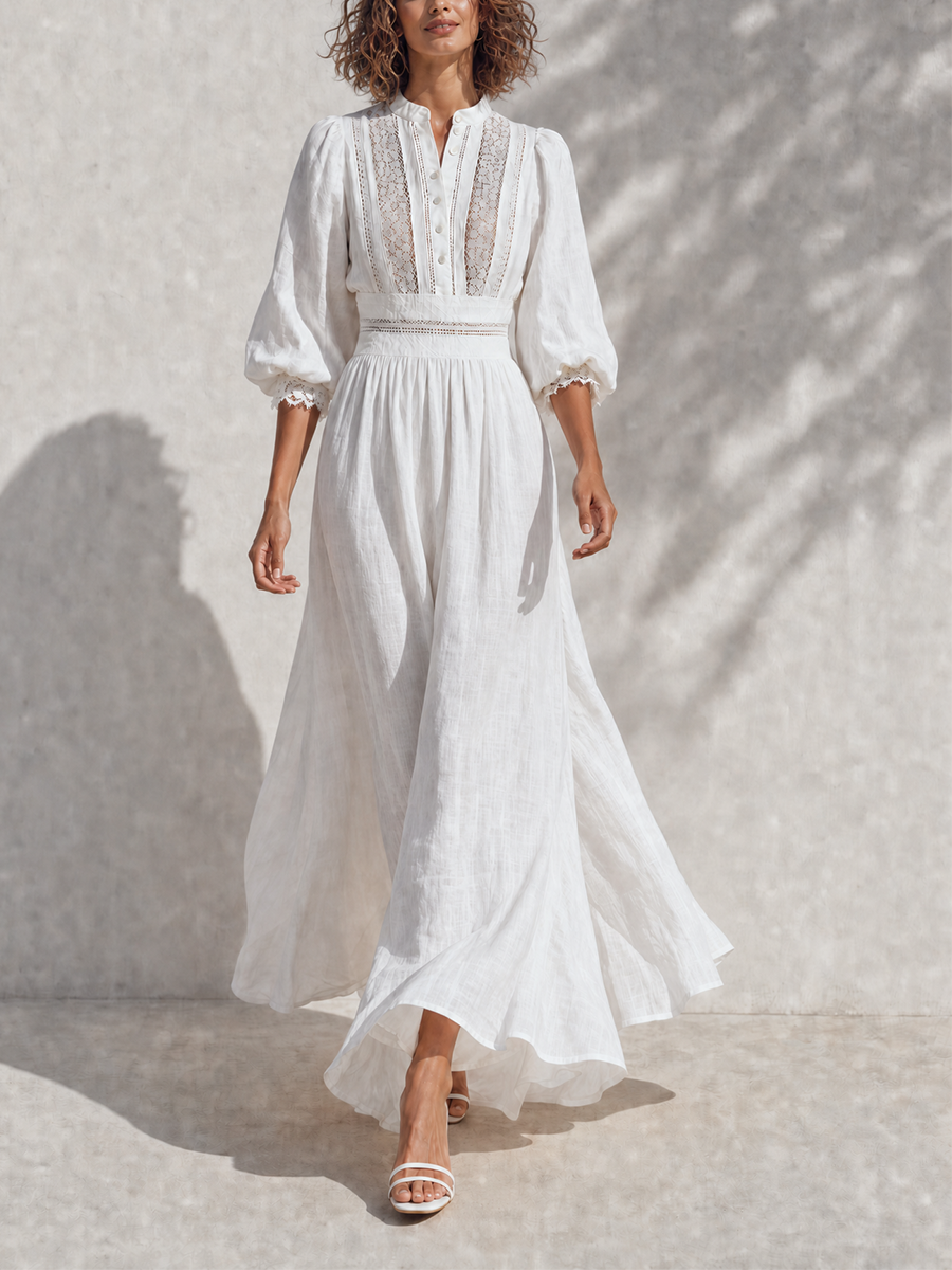 Trendé™ | Katja Leinenmix-Maxikleid mit Spitzendetails und betonter Taille