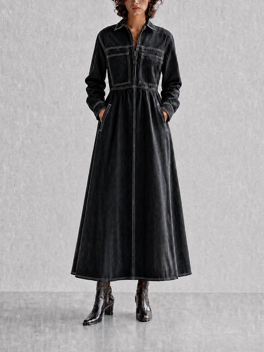 Trendé™ | Liselotte Denim-Maxikleid mit Kragen und betonter Taille