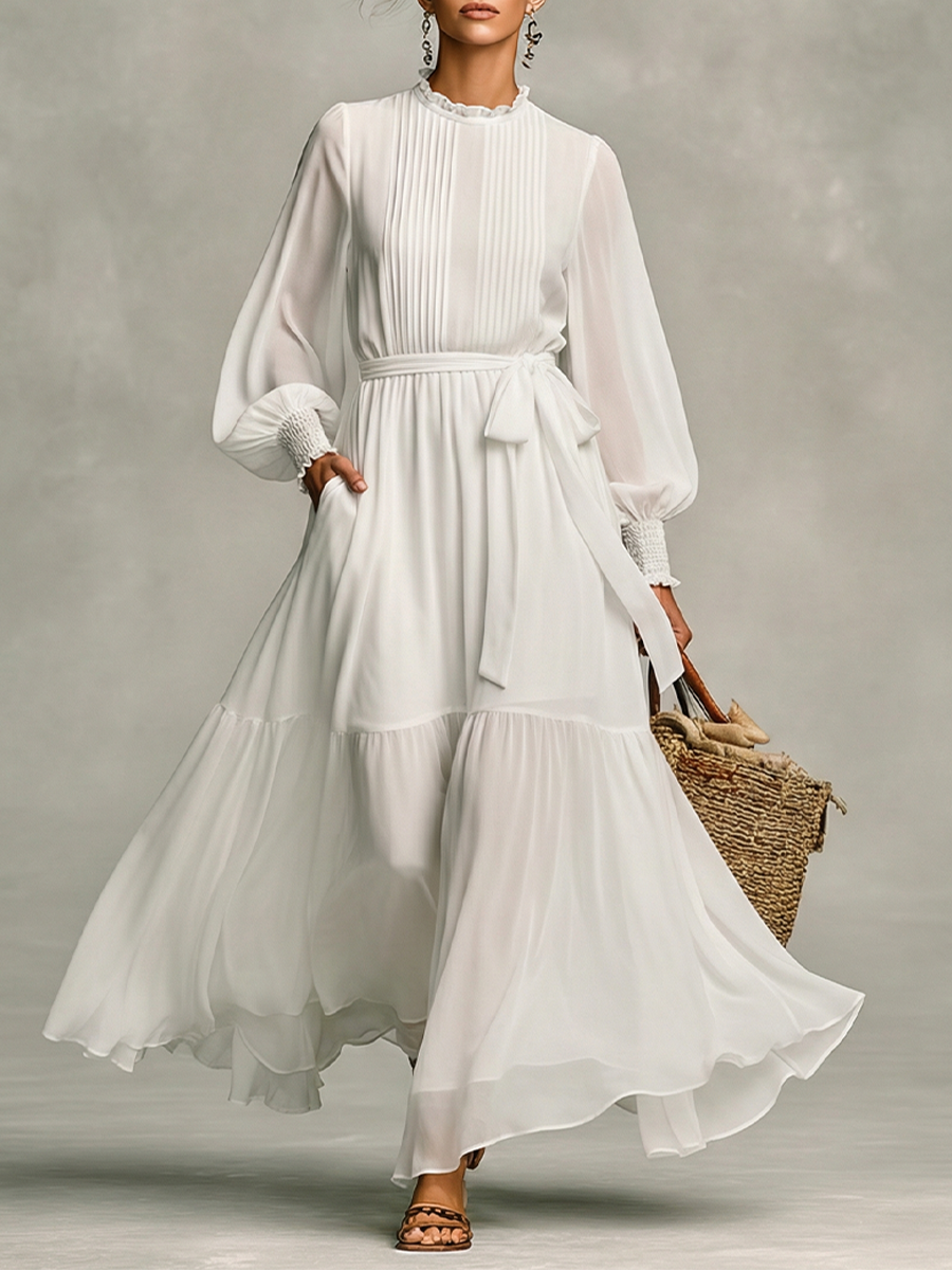Trendé™ | Malou Chiffon-Maxikleid mit hohem Kragen und Laternenärmeln