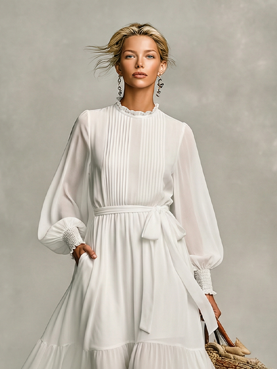 Trendé™ | Malou Chiffon-Maxikleid mit hohem Kragen und Laternenärmeln