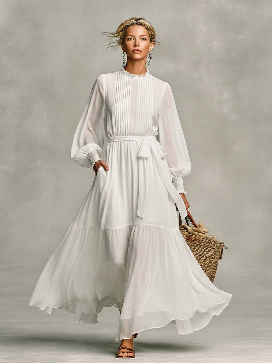 Trendé™ | Malou Chiffon-Maxikleid mit hohem Kragen und Laternenärmeln