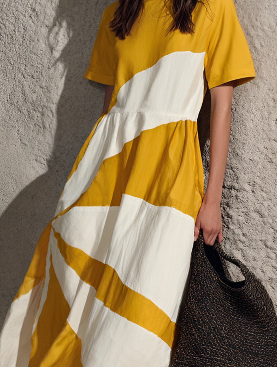 Trendé™ | Ornella Webstoff-Maxikleid mit Rundhalsausschnitt und kurzen Ärmeln