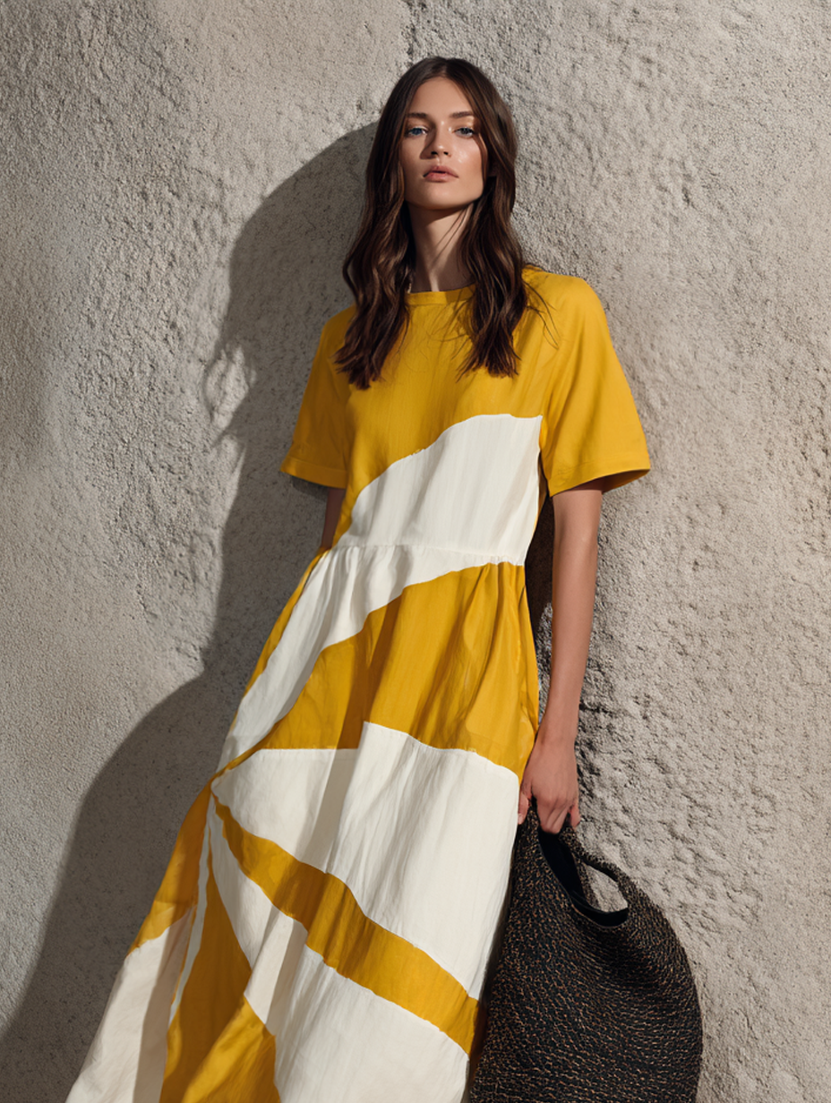 Trendé™ | Ornella Webstoff-Maxikleid mit Rundhalsausschnitt und kurzen Ärmeln
