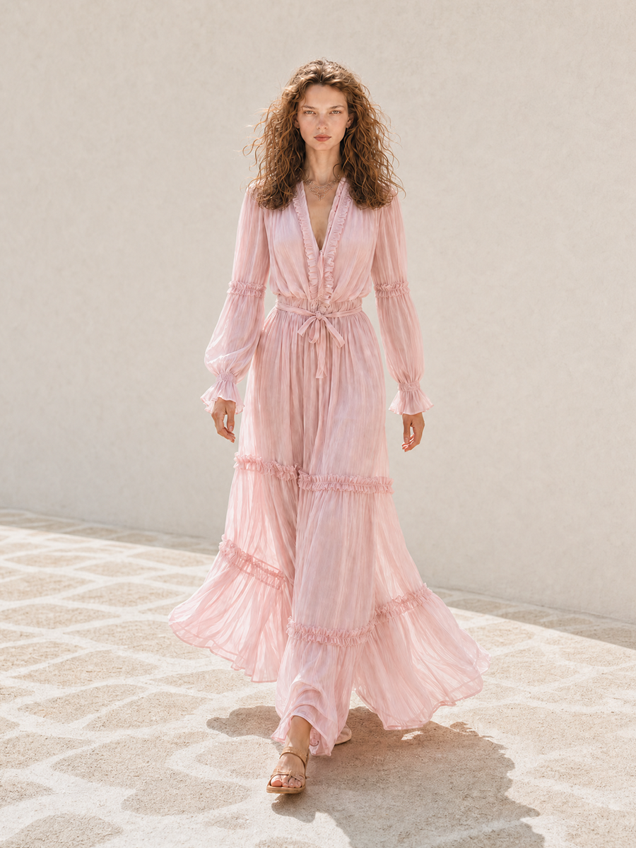 Trendé™ | Valeska Chiffon-Maxikleid mit V-Ausschnitt und Volants