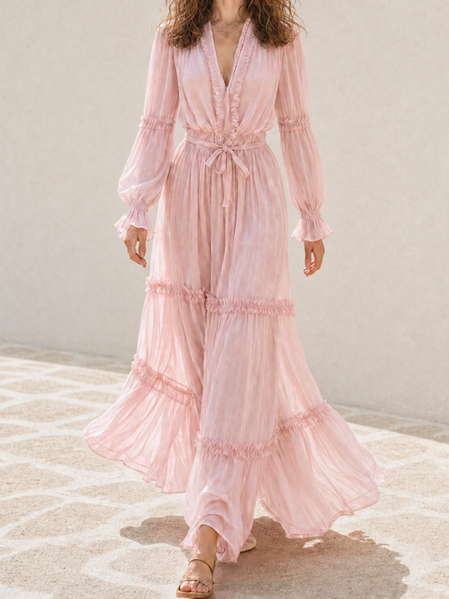 Trendé™ | Valeska Chiffon-Maxikleid mit V-Ausschnitt und Volants