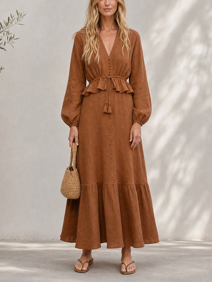 Trendé™ | Silvana Leinenmix-Maxikleid mit V-Ausschnitt und Volants